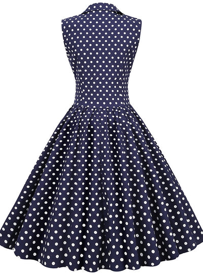 Lapel Sleeveless Breasted Polka-dot Retro Dress