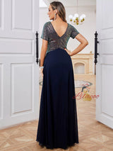 Navy Blue Short-sleeved Chiffon Dress