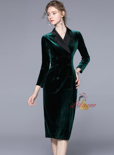 Velvet Green Slim Waist Long Dress