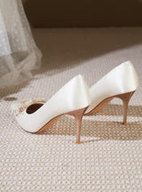 Satin Pointed Crystal Flower High-heeled Shoes