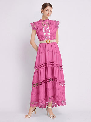 Solid Color Long Stand-up Collar Sleeveless Openwork Dress