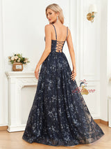 Navy Blue Sequins V-neck Prom Dress