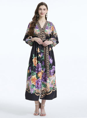 Palace Style V-neck Lantern Sleeve Printed Long-sleeved Dress