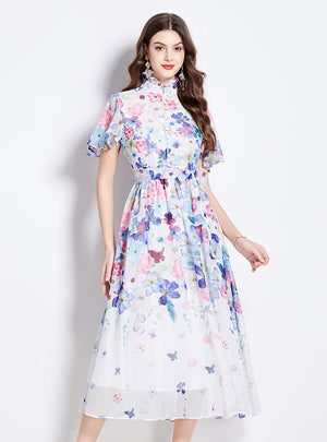 Lotus Leaf Floral Color Short Sleeve Dress