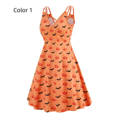 V-neck Suspender Halloween Printed Dress