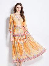 Chiffon V-neck Lantern Sleeve Printed Dress