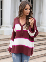 V-neck Split Buttons Loose Sweater