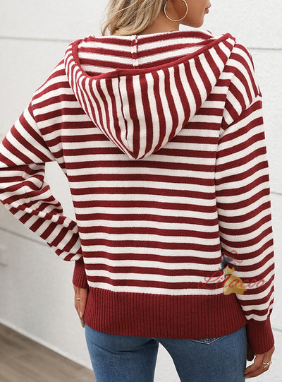 V-neck Striped Pullover Christmas Hooded Sweater