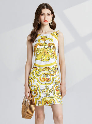 Yellow Porcelain Round Neck Print Dress