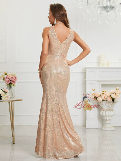 Champagne Sequins V-neck Prom Dress