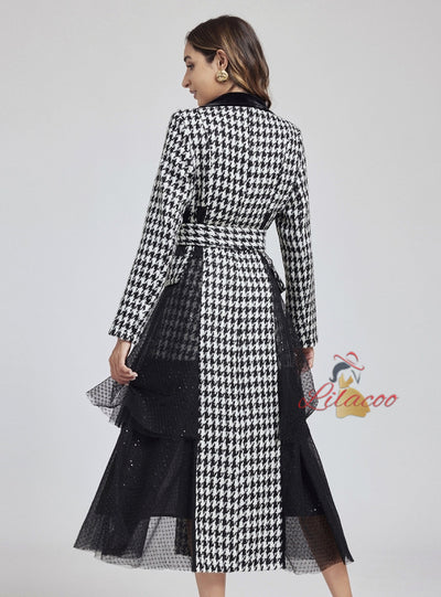 Houndstooth Tweed Sequined Mesh Stitching Coat Dress