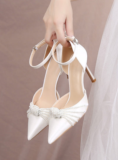 Sexy Satin Pearl Pointed Stiletto Heels Shoes