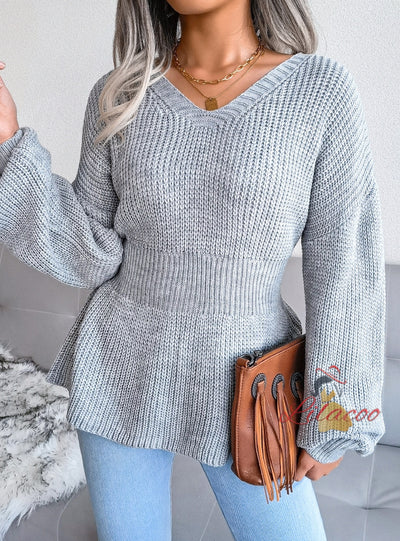 Lantern Sleeve Ruffled Knitted Sweater