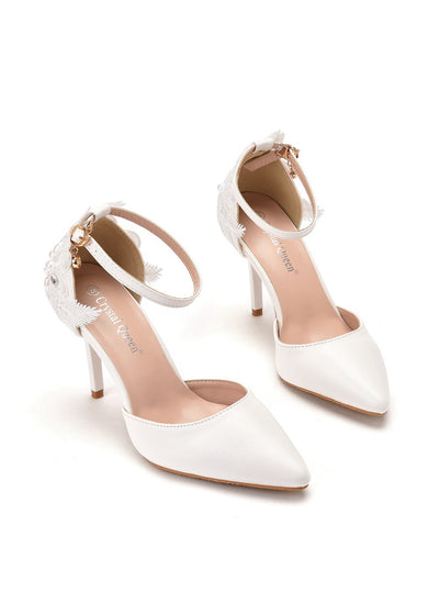 9.5cm White Lace Flower Thin Heels Bridal Shoes