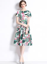 Printed Round Neck Retro Short-sleeved Dress