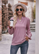 Solid Color Hole V-neck Long Sleeve Shirt