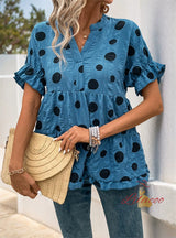 Loose Bat Sleeve V-neck Polka-dot Shirt