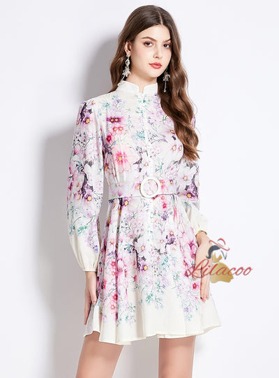 Floral National Stand-up Collar Lantern Sleeve Printed Dress