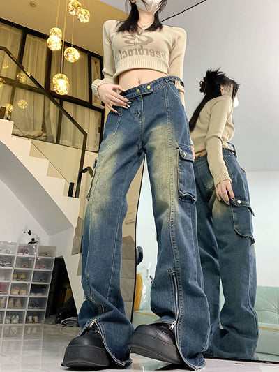 Retro Zipper Pocket Jeans Pant