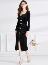 Square Wave Split Slim Bow Velvet Dress