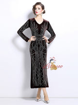 Hot Drilling Long Sleeve V-neck Velvet Dress