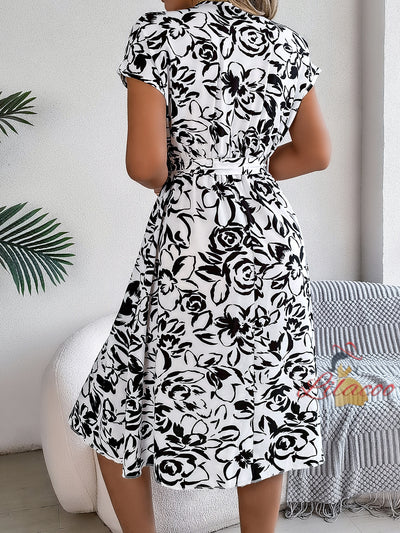 Casual V-neck Button Bat Sleeve Flower Dress