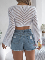 Hollow Striped Lace-up Long-sleeved Shirt