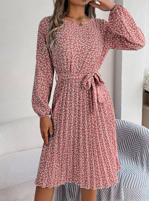 Casual Long-sleeved Floral Pleated Dress