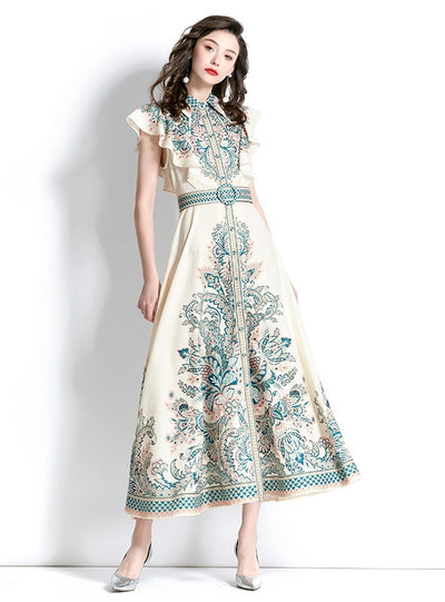 Palace Style Lapel Sleeveless Print Long Dress