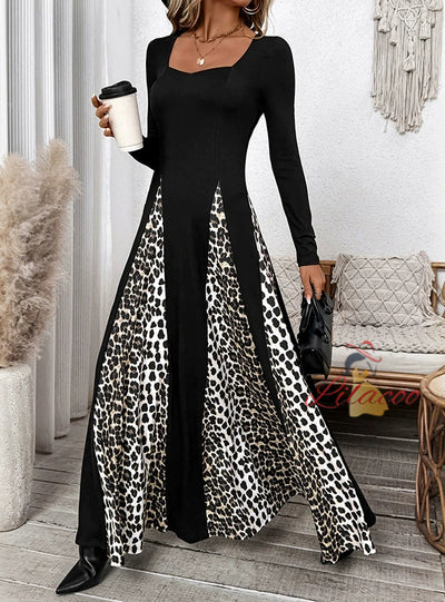 Leopard Print Contrast Long Sleeve Dress