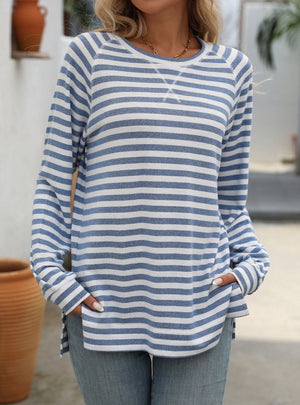 Striped Contrast Round Neck Long Sleeve T-shirt