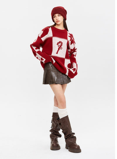 Christmas Pattern Jacquard Round Neck Sweater