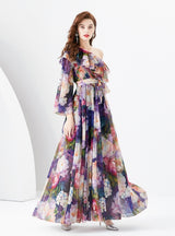 One Shoulder Chiffon Long Sleeve Print Summer Dress