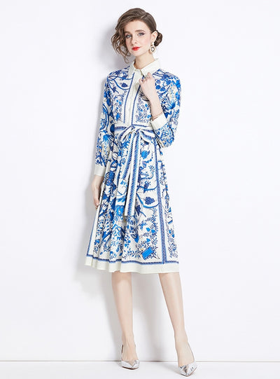 Retro Printed Slim Long Sleeve Dress