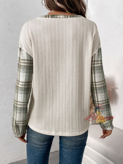 Plaid Stitching Long Sleeve Round Neck T-shirt