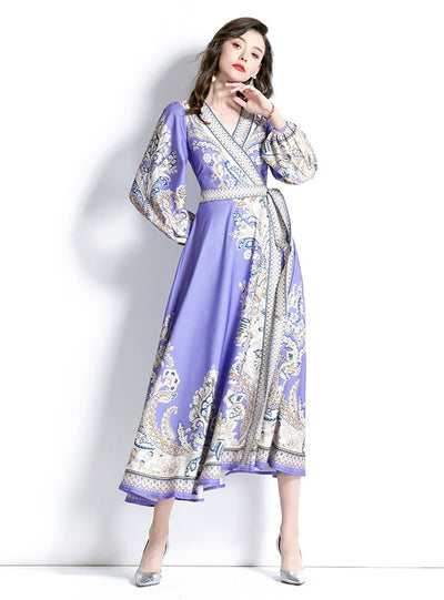 Lantern Sleeves V-neck Printed Dress