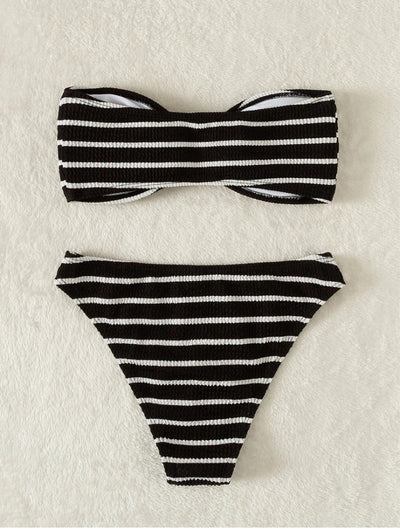 Fashion Threaded Fabric Striped Swimsuit