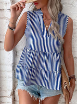 Spliced Sleeveless V-neck Striped Shirt Top