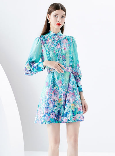 Long Sleeve Short Ruffled Printed Dress