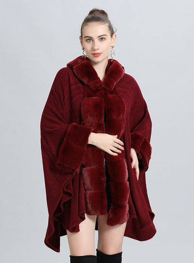 Wool Collar Hooded Knitted Shawl Cloak