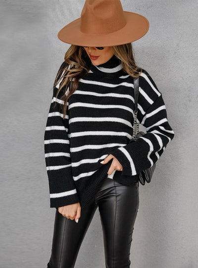 Round Neck Cotton Striped Split Sweater