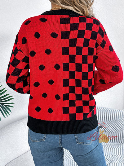 Leisure Contrast Polka Dot Lantern Sleeve Sweater