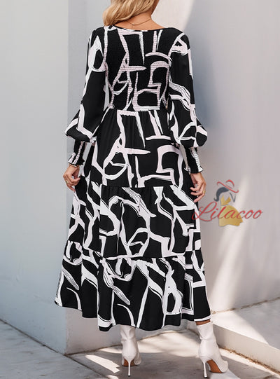 V-neck Geometric Print Long Dress