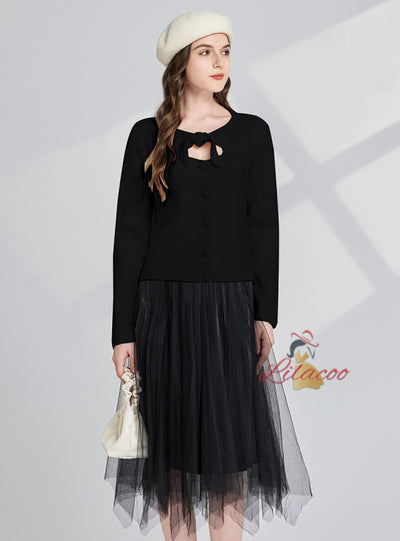 Hollow Bow Shiny Coat+Gauze Skirt Two-piece Set