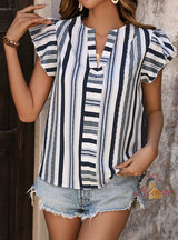 V-neck Ruffled Striped Shirt