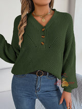 Hollow V-neck Button Lantern Sleeve Sweater