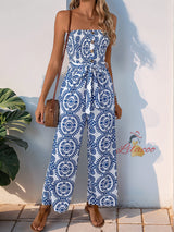 Fashion Blue Printed Elastic Waist Jumpsuit