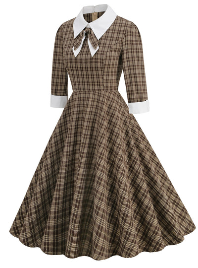 Retro Contrast Bow Plaid Long Sleeve Dress