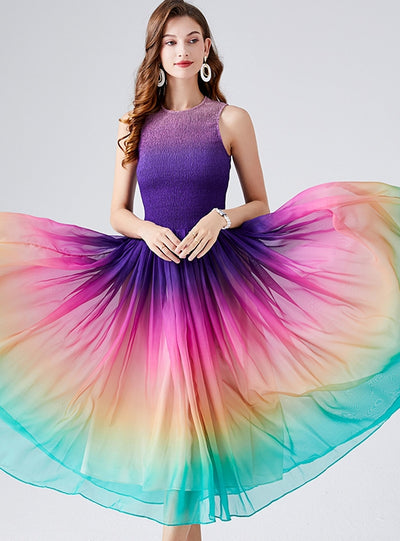 Rainbow Pleats Silm Waist Dress