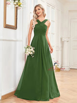 Green Chiffon Pleats Long Prom Dress